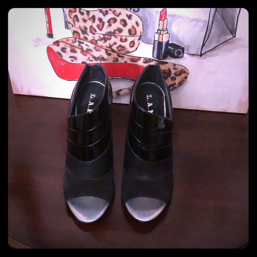 L.A.M.B. “Elastic” — sexy patent bootie